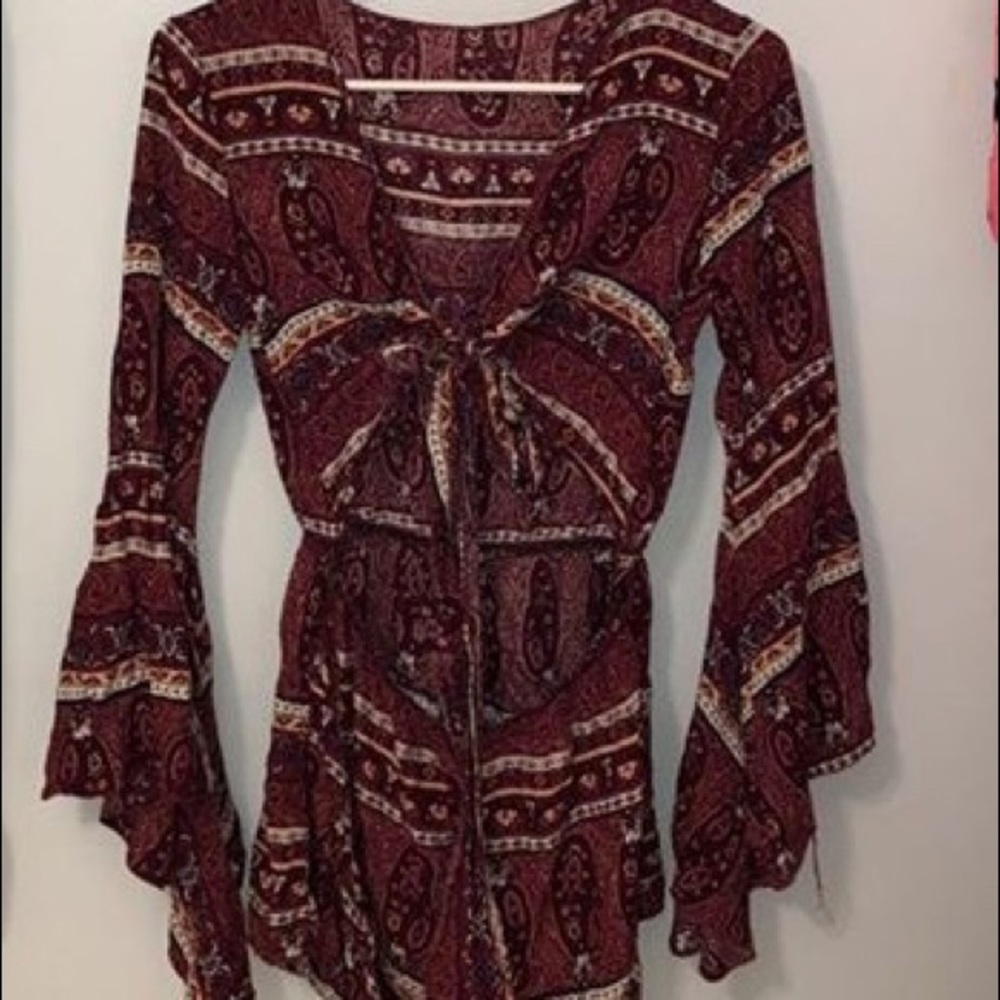 Red Patterned Tie Up Front Romper